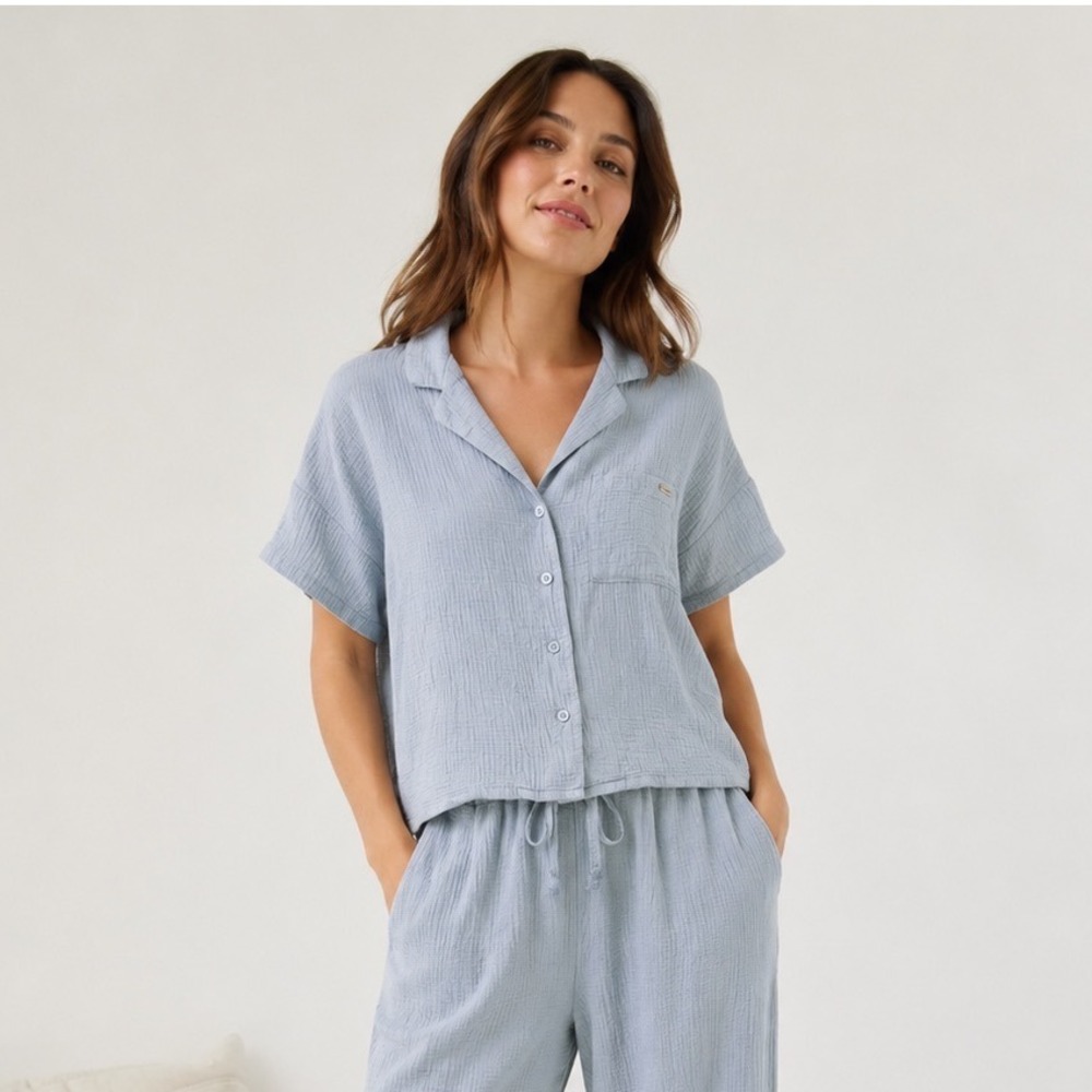Jason Wu Waffle Knit Lounge Shirt,‎ Button-Up Women's Large, Light Blue Cropped